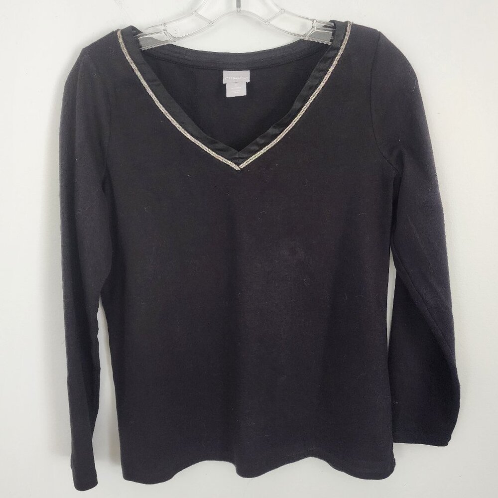 Chico's Satin and Caviar Bead Trim V-Neck Tee, Chico's size 0, Like New